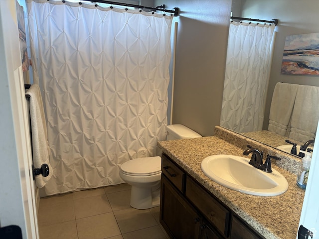 239 N 2400 E, Spanish Fork, UT 84660 - bathroom featuring toilet, tile patterned floors, vanity, and curtained shower