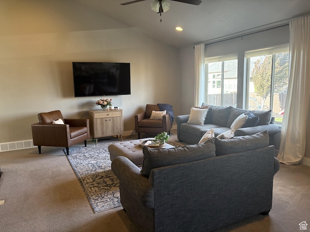 239 N 2400 E, Spanish Fork, UT 84660 - living area featuring carpet floors, a ceiling fan, baseboards, vaulted ceiling, and recessed lighting