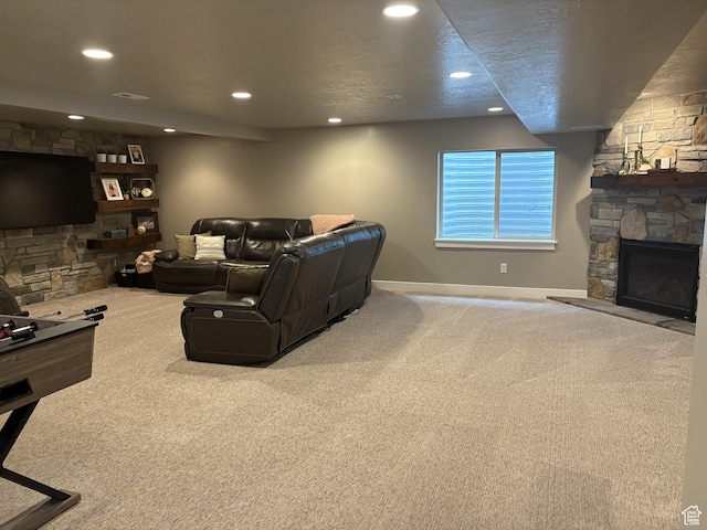 239 N 2400 E, Spanish Fork, UT 84660 - carpeted living room with a fireplace, baseboards, and recessed lighting