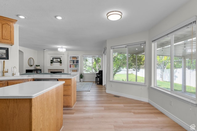 12064 S Fastback Cir, Riverton, UT 84065 - kitchen with a sink, light countertops, a fireplace, a peninsula, and light wood finished floors