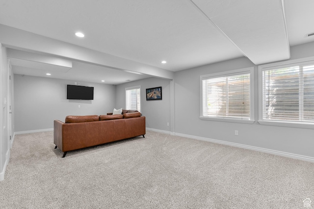 12064 S Fastback Cir, Riverton, UT 84065 - living area featuring baseboards, light colored carpet, and recessed lighting