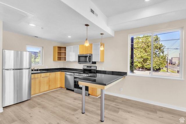 185 W 700 S Unit 101, Salt Lake City, UT 84101 - kitchen with appliances with stainless steel finishes, light brown cabinets, open shelves, dark countertops, and recessed lighting