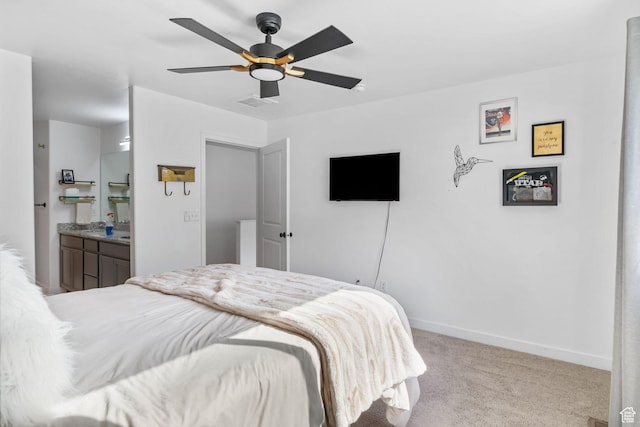 15223 S Wild Horse Way, Bluffdale, UT 84065 - carpeted bedroom featuring baseboards, a ceiling fan, and ensuite bathroom