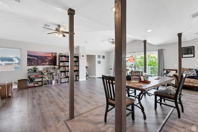 740 W Uzona Ave, Hildale, UT 84784 - dining room featuring ceiling fan, lofted ceiling, baseboards, wood finished floors, and decorative columns
