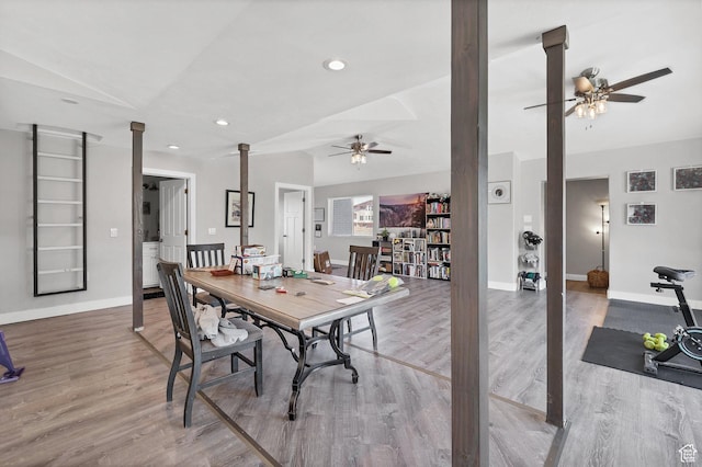 740 W Uzona Ave, Hildale, UT 84784 - dining area with ceiling fan, wood finished floors, baseboards, vaulted ceiling, and recessed lighting