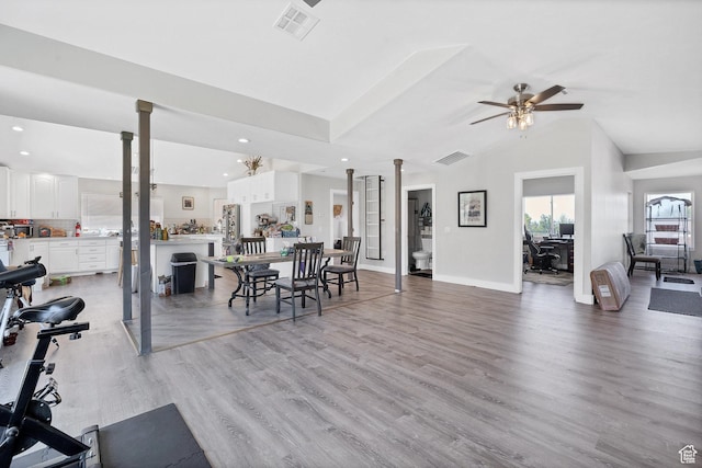 740 W Uzona Ave, Hildale, UT 84784 - dining area with ceiling fan, light wood-style floors, recessed lighting, baseboards, and lofted ceiling