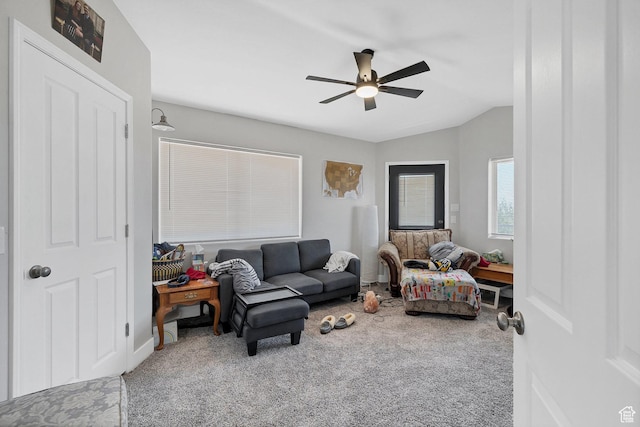 740 W Uzona Ave, Hildale, UT 84784 - living room featuring carpet, ceiling fan, and lofted ceiling