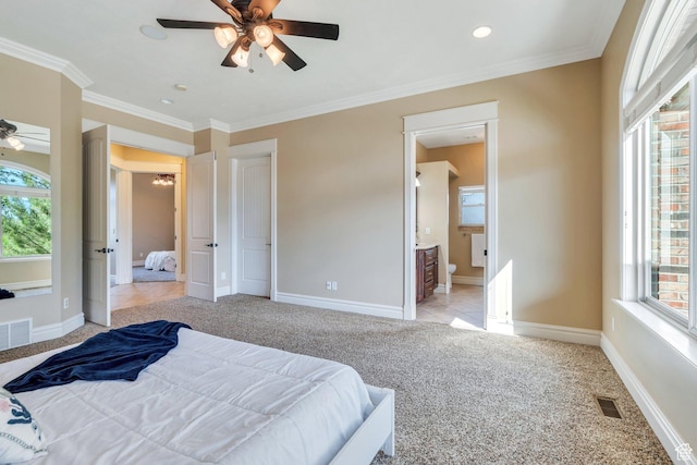 2632 S 2975 W, West Haven, UT 84401 - bedroom featuring light colored carpet, ornamental molding, baseboards, ensuite bath, and ceiling fan