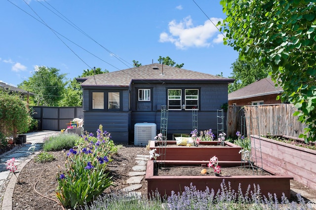 1451 E Redondo, Salt Lake City, UT 84105 - rear view of house with a vegetable garden, central air condition unit, a fenced backyard, and roof with shingles
