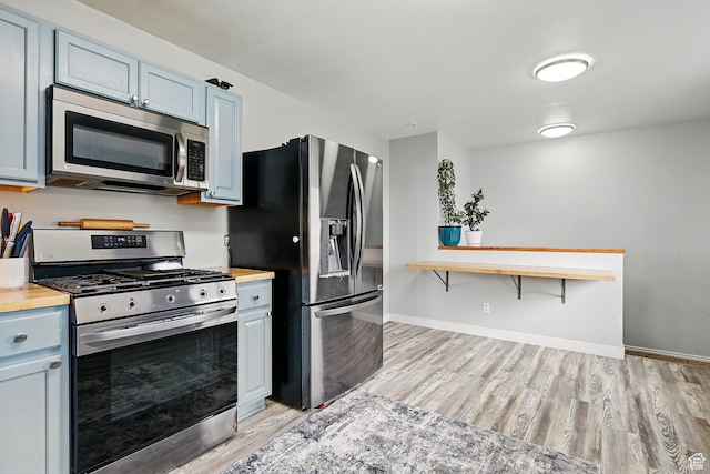 1790 E Homestead, Enoch, UT 84721 - kitchen with stainless steel appliances, butcher block countertops, light wood-style floors, baseboards, and blue cabinets