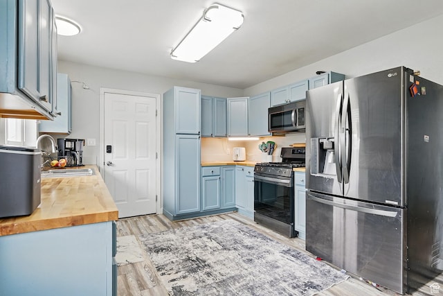 1790 E Homestead, Enoch, UT 84721 - kitchen with stainless steel appliances, butcher block counters, blue cabinetry, and a sink