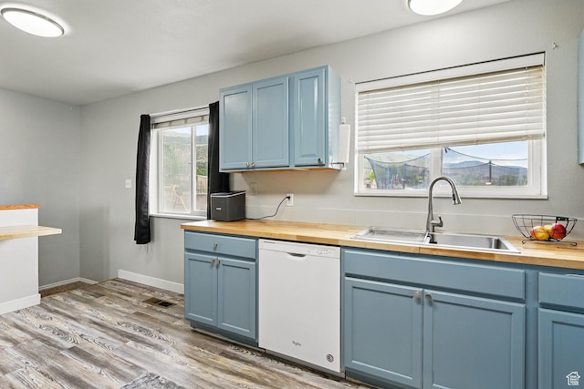 1790 E Homestead, Enoch, UT 84721 - kitchen with white dishwasher, blue cabinetry, butcher block countertops, and a sink