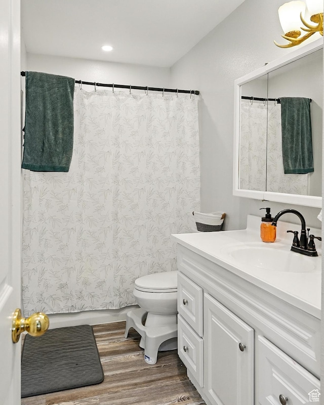 1790 E Homestead, Enoch, UT 84721 - bathroom with vanity, wood finished floors, toilet, recessed lighting, and a shower with shower curtain