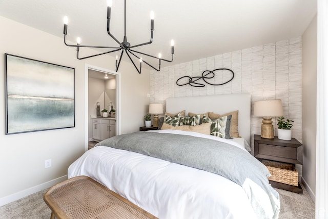 1803 E Bison Dr Unit B212, Eagle Mountain, UT 84005 - bedroom with carpet, a chandelier, baseboards, ensuite bath, and tile walls