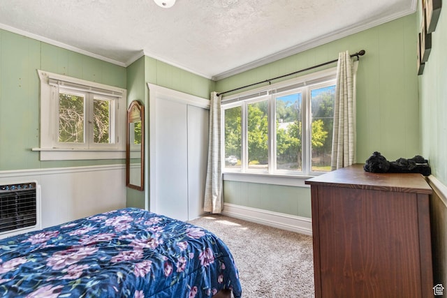 381 E 300 S, Logan, UT 84321 - bedroom with crown molding, carpet floors, a textured ceiling, a closet, and wood walls