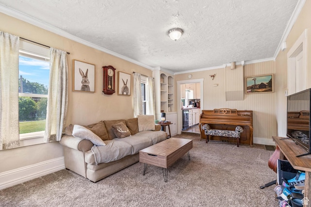 381 E 300 S, Logan, UT 84321 - living room with a textured ceiling, crown molding, carpet flooring, baseboards, and built in shelves