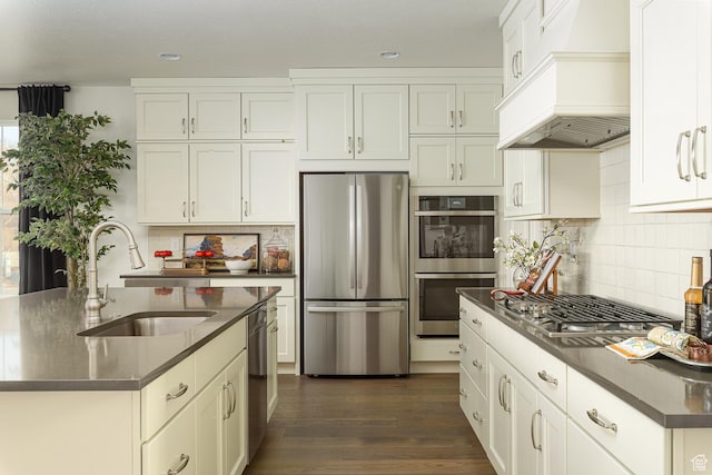 1116 W 2325 S, Syracuse, UT 84075 - kitchen featuring appliances with stainless steel finishes, custom exhaust hood, a sink, dark countertops, and decorative backsplash