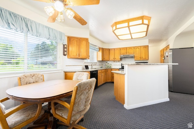 1478 N Ewe Turn St E, Kaysville, UT 84037 - kitchen with a sink, under cabinet range hood, ceiling fan, dark carpet, and black dishwasher