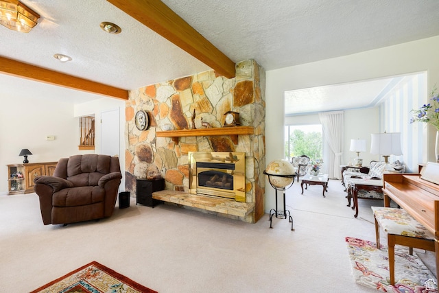 1478 N Ewe Turn St E, Kaysville, UT 84037 - living room featuring carpet flooring, beam ceiling, a textured ceiling, and a fireplace
