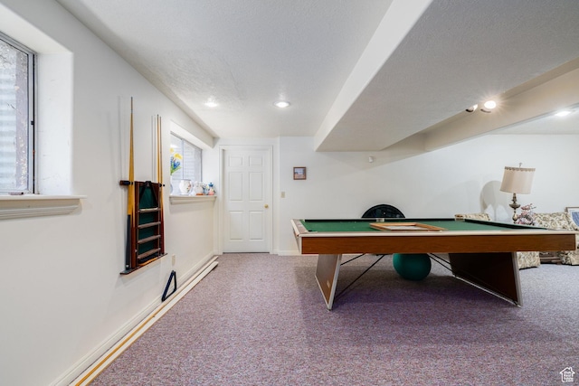 1478 N Ewe Turn St E, Kaysville, UT 84037 - playroom with carpet floors, pool table, a textured ceiling, baseboards, and recessed lighting