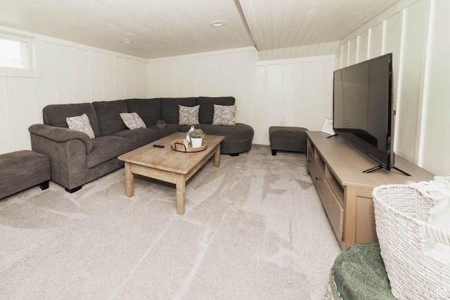 5363 E Cub Rd, Preston, ID 83263 - living room with light carpet, wood ceiling, and a decorative wall