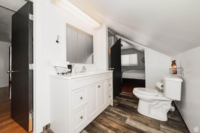 5363 E Cub Rd, Preston, ID 83263 - bathroom featuring wood finished floors, vanity, vaulted ceiling, toilet, and ensuite bathroom