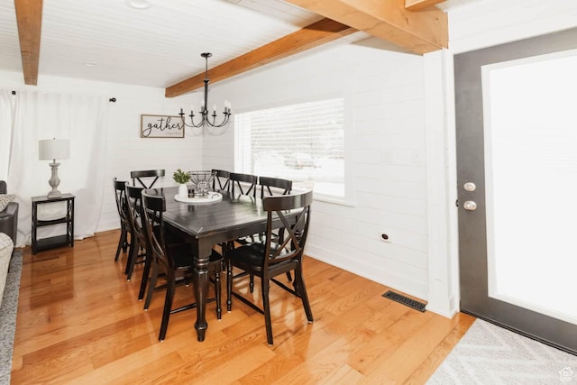 5363 E Cub Rd, Preston, ID 83263 - dining space featuring light wood-style flooring, a chandelier, and wood ceiling with exposed beams