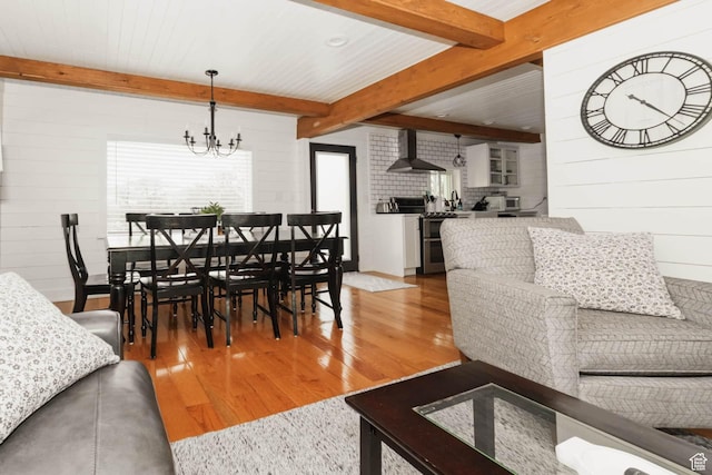 5363 E Cub Rd, Preston, ID 83263 - dining area with light wood-style floors, a chandelier, beamed ceiling, and wooden walls