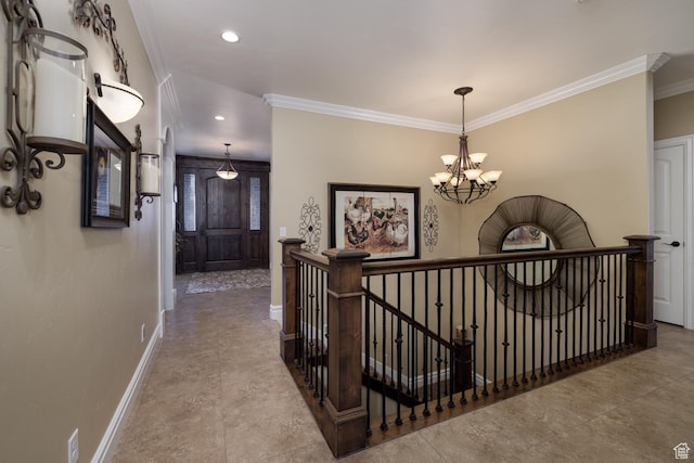 403 W 4000 S, Vernal, UT 84078 - hall featuring baseboards, an upstairs landing, ornamental molding, a chandelier, and recessed lighting