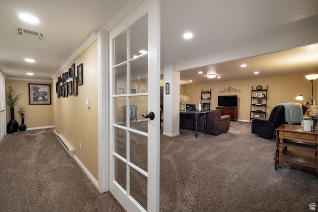 403 W 4000 S, Vernal, UT 84078 - corridor featuring carpet, recessed lighting, baseboard heating, baseboards, and crown molding