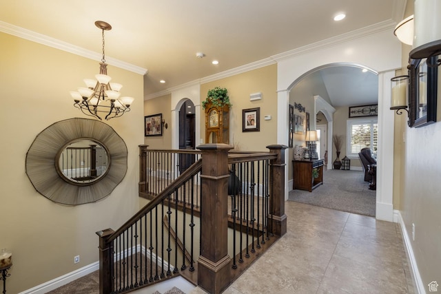 403 W 4000 S, Vernal, UT 84078 - stairway with arched walkways, baseboards, a chandelier, recessed lighting, and carpet floors