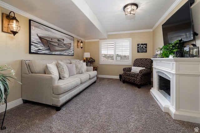 403 W 4000 S, Vernal, UT 84078 - living room with carpet flooring, baseboards, ornamental molding, and a fireplace with raised hearth