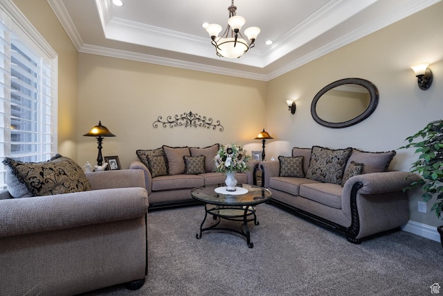 403 W 4000 S, Vernal, UT 84078 - carpeted living room featuring a chandelier, ornamental molding, a raised ceiling, and baseboards