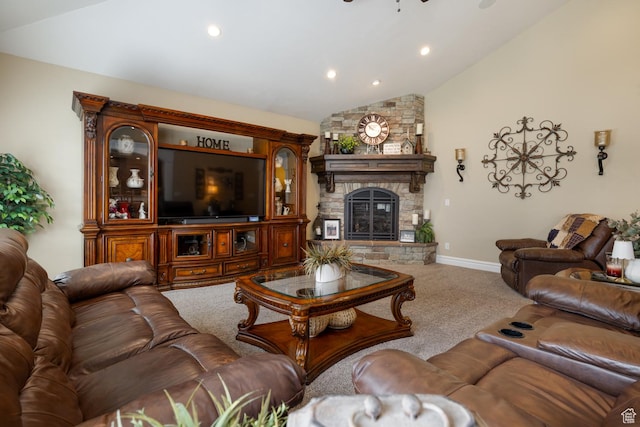 403 W 4000 S, Vernal, UT 84078 - carpeted living room with vaulted ceiling, a stone fireplace, a ceiling fan, recessed lighting, and baseboards