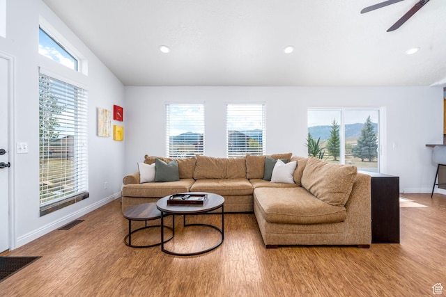7850 Wasatch Way, Park City, UT 84098 - living room featuring light wood finished floors, ceiling fan, baseboards, and recessed lighting