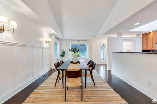 4055 N Cove Dr, Provo, UT 84604 - dining room featuring a decorative wall, dark wood-type flooring, a wainscoted wall, and recessed lighting