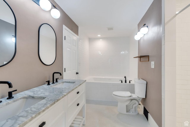 4055 N Cove Dr, Provo, UT 84604 - bathroom with toilet, tiled tub, tile patterned flooring, and double vanity