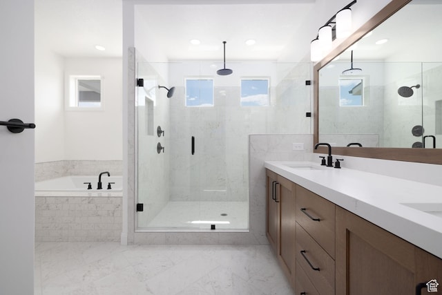 6527 W Barneys Creek Way, West Jordan, UT 84081 - full bath featuring a shower stall, plenty of natural light, a garden tub, double vanity, and recessed lighting