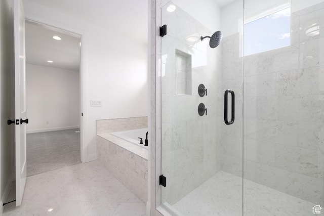 6527 W Barneys Creek Way, West Jordan, UT 84081 - bathroom with a stall shower, a bath, recessed lighting, and baseboards