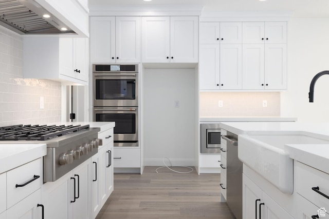 6527 W Barneys Creek Way, West Jordan, UT 84081 - kitchen with appliances with stainless steel finishes, wall chimney range hood, tasteful backsplash, light countertops, and light wood-style flooring