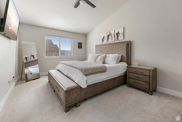 2671 N Garden Dr, Lehi, UT 84043 - bedroom with lofted ceiling, light colored carpet, ceiling fan, baseboards, and a textured ceiling