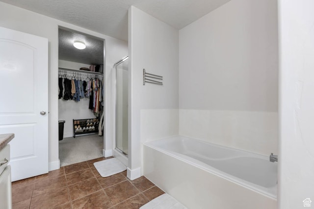 2671 N Garden Dr, Lehi, UT 84043 - bathroom with a bath, a shower stall, vanity, a walk in closet, and a textured ceiling