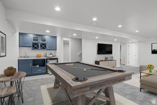 4972 N Sage Park Dr, Eagle Mountain, UT 84005 - rec room featuring bar with sink, recessed lighting, light carpet, and billiards