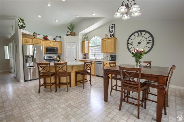 7939 S 2450 E, South Weber, UT 84405 - dining area featuring a chandelier, baseboards, vaulted ceiling, and recessed lighting