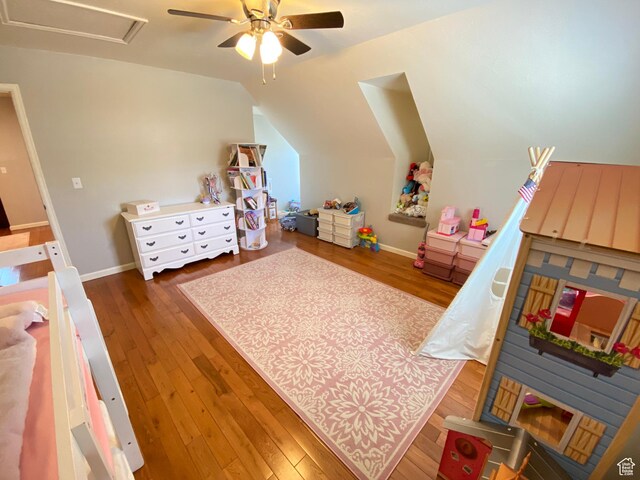 85 River Pointe Dr, Logan, UT 84321 - game room with wood finished floors, lofted ceiling, a ceiling fan, and baseboards