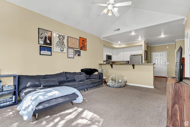 4910 N University Ave Unit 52, Provo, UT 84604 - carpeted living room featuring a ceiling fan, baseboards, vaulted ceiling, and crown molding