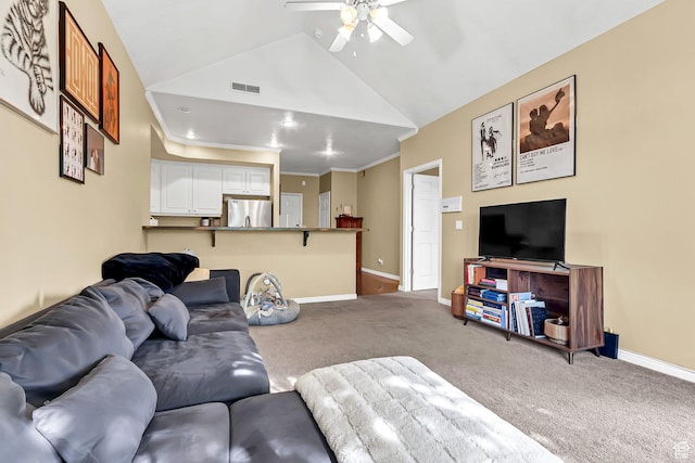 4910 N University Ave Unit 52, Provo, UT 84604 - living area with carpet floors, a ceiling fan, baseboards, and lofted ceiling