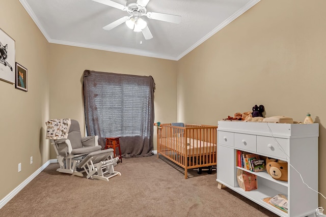 4910 N University Ave Unit 52, Provo, UT 84604 - carpeted bedroom with a crib, ornamental molding, ceiling fan, and baseboards