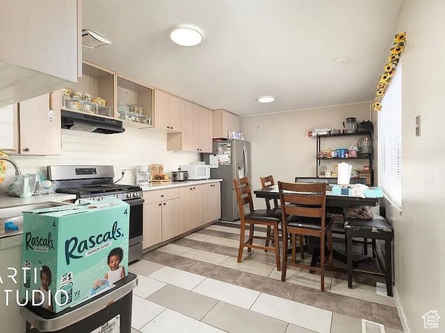 123 N 800 E, Payson, UT 84651 - kitchen featuring appliances with stainless steel finishes, light countertops, open shelves, range hood, and light tile patterned flooring