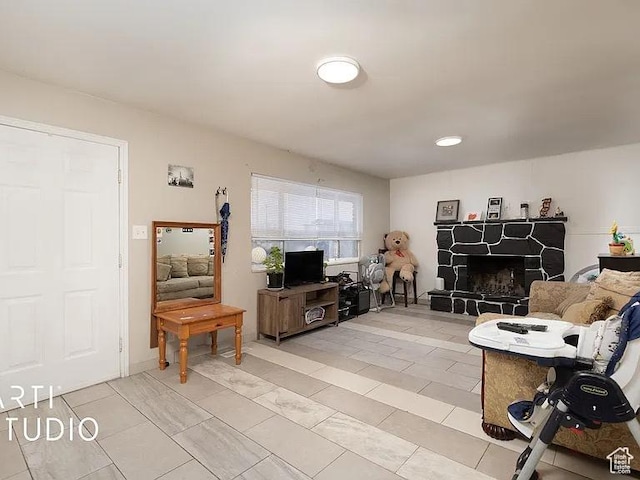123 N 800 E, Payson, UT 84651 - living room with a stone fireplace and light tile patterned floors